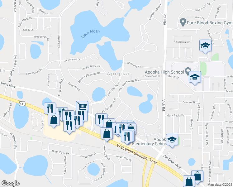 map of restaurants, bars, coffee shops, grocery stores, and more near 574 Azalea Bloom Drive in Apopka
