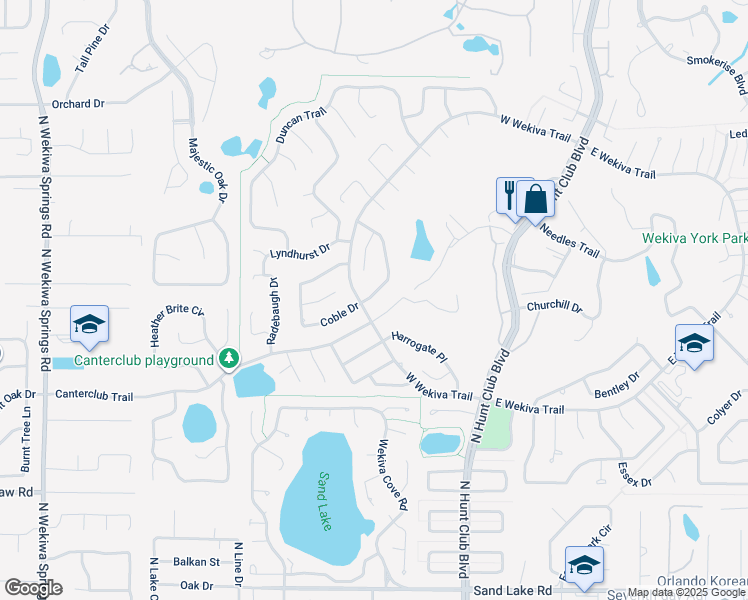 map of restaurants, bars, coffee shops, grocery stores, and more near 257 Coble Drive in Longwood