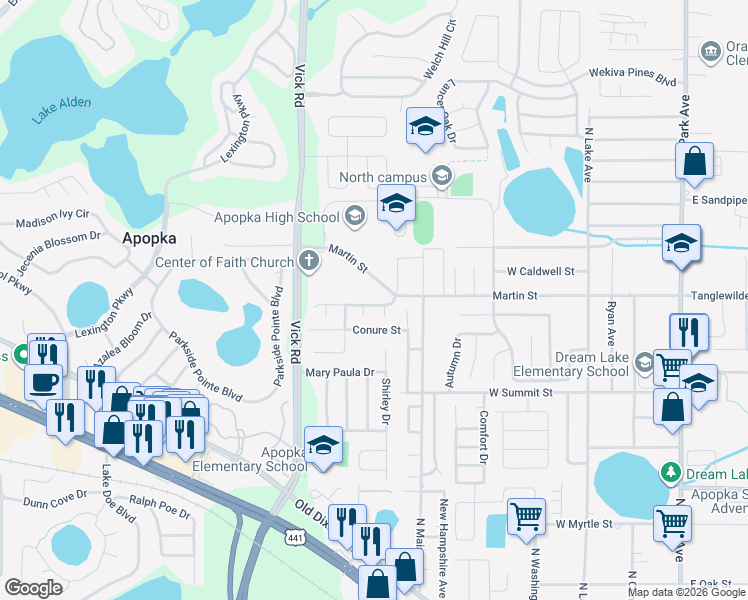 map of restaurants, bars, coffee shops, grocery stores, and more near 518 Cardinal Court in Apopka