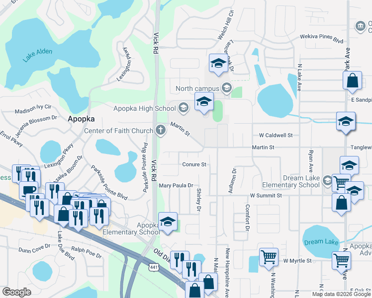map of restaurants, bars, coffee shops, grocery stores, and more near 568 Swallow Street in Apopka