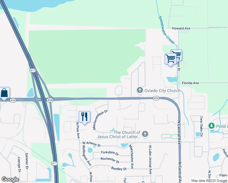 map of restaurants, bars, coffee shops, grocery stores, and more near 538 Pinebranch Circle in Winter Springs