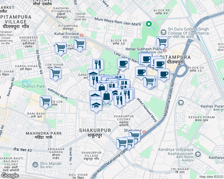 map of restaurants, bars, coffee shops, grocery stores, and more near 5 Kabirdas Marg in Delhi