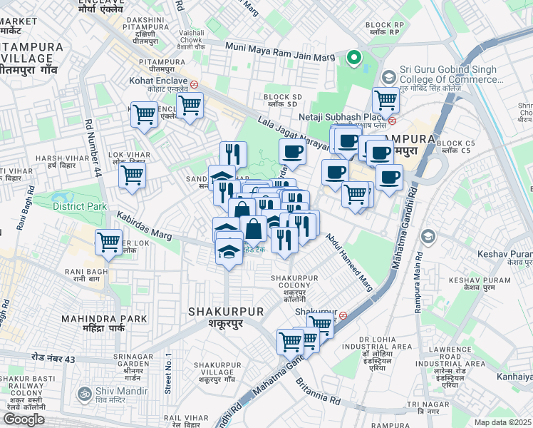 map of restaurants, bars, coffee shops, grocery stores, and more near 5 Kabirdas Marg in Delhi