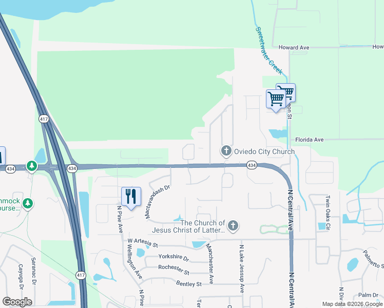 map of restaurants, bars, coffee shops, grocery stores, and more near 510 Pinebranch Circle in Winter Springs
