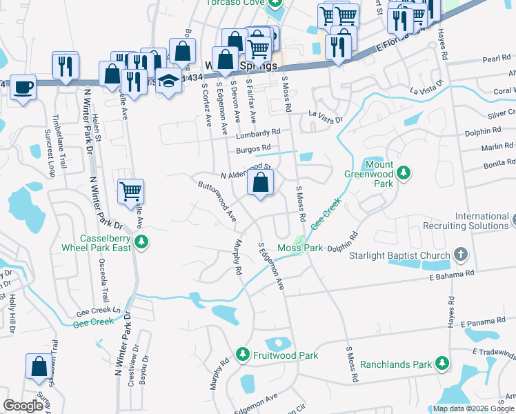 map of restaurants, bars, coffee shops, grocery stores, and more near 215 Banyan Court in Winter Springs