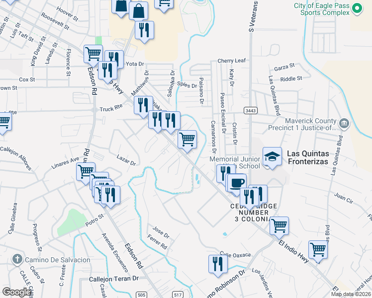 map of restaurants, bars, coffee shops, grocery stores, and more near 2507 El Indio Hwy in Eagle Pass
