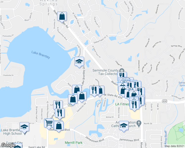 map of restaurants, bars, coffee shops, grocery stores, and more near 505 Shining Armor Lane in Longwood