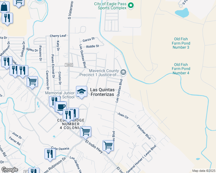 map of restaurants, bars, coffee shops, grocery stores, and more near 1565 Mark Athony Drive in Eagle Pass