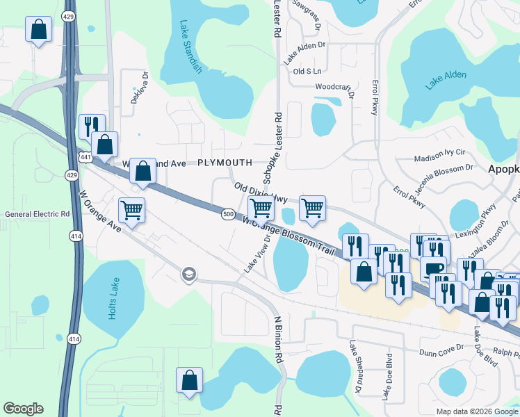 map of restaurants, bars, coffee shops, grocery stores, and more near 2316 Old Dixie Highway in Apopka