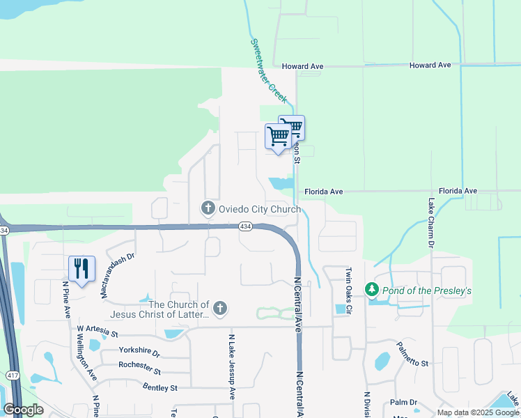 map of restaurants, bars, coffee shops, grocery stores, and more near 1495 Myrtle Oaks Trail in Oviedo