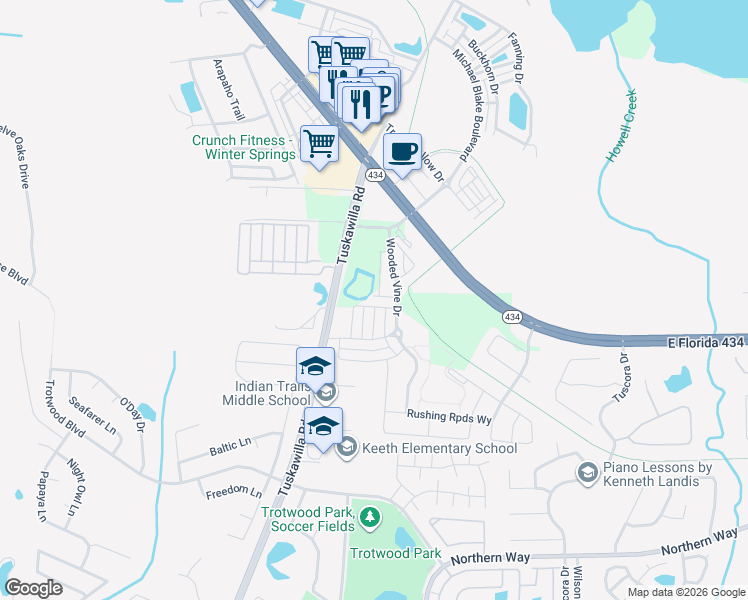 map of restaurants, bars, coffee shops, grocery stores, and more near 1335 Brave Wolf Point in Winter Springs