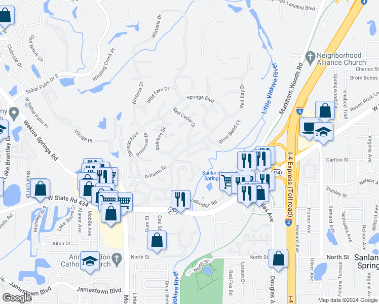 map of restaurants, bars, coffee shops, grocery stores, and more near 209 Tomoka Trail in Longwood