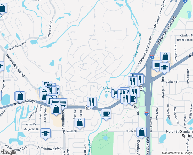 map of restaurants, bars, coffee shops, grocery stores, and more near 209 Tomoka Trail in Longwood