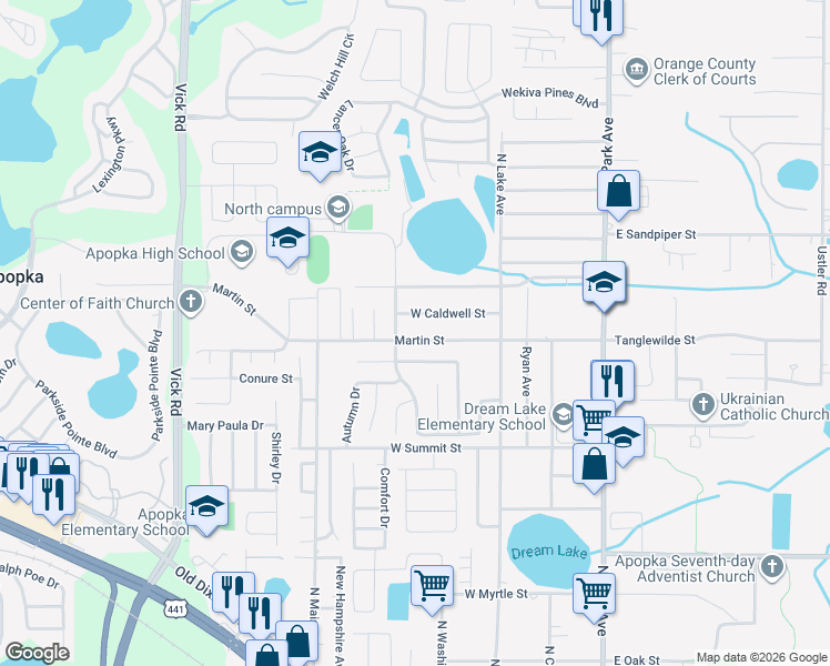 map of restaurants, bars, coffee shops, grocery stores, and more near 210 West Caldwell Street in Apopka
