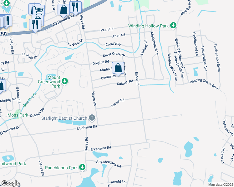map of restaurants, bars, coffee shops, grocery stores, and more near 629 Sailfish Road in Winter Springs