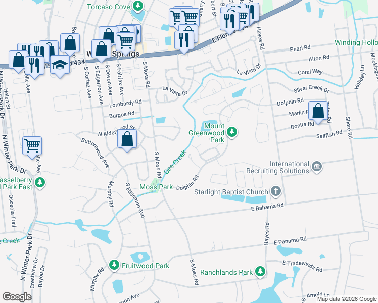 map of restaurants, bars, coffee shops, grocery stores, and more near 230 Panorama Drive in Winter Springs