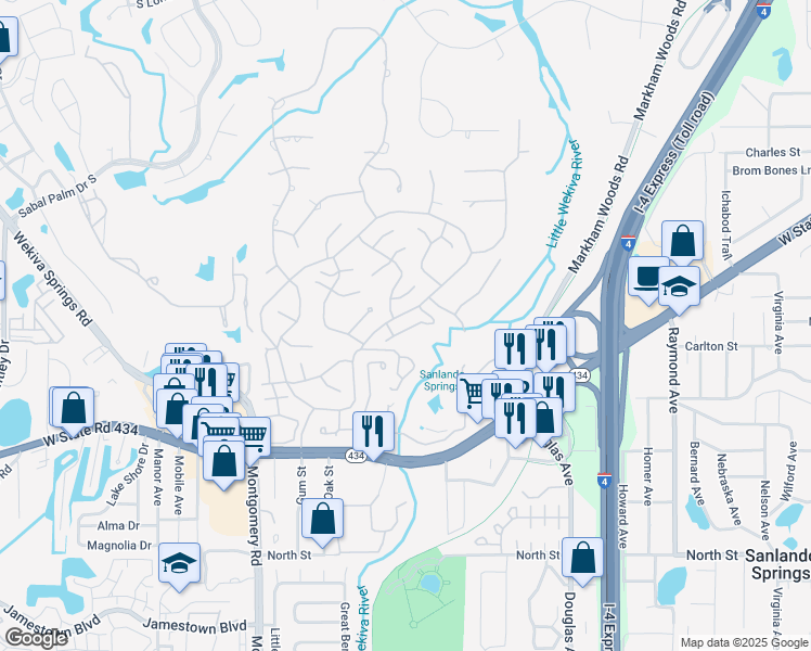 map of restaurants, bars, coffee shops, grocery stores, and more near 131 Red Cedar Drive in Longwood