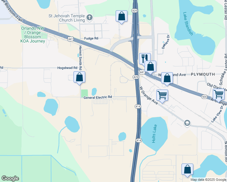 map of restaurants, bars, coffee shops, grocery stores, and more near 3231 General Electric Road in Apopka