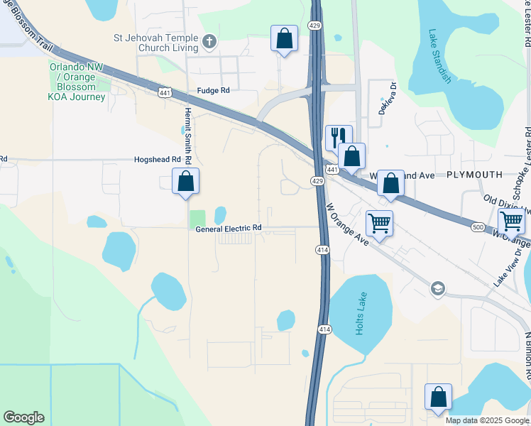 map of restaurants, bars, coffee shops, grocery stores, and more near 3231 General Electric Road in Apopka