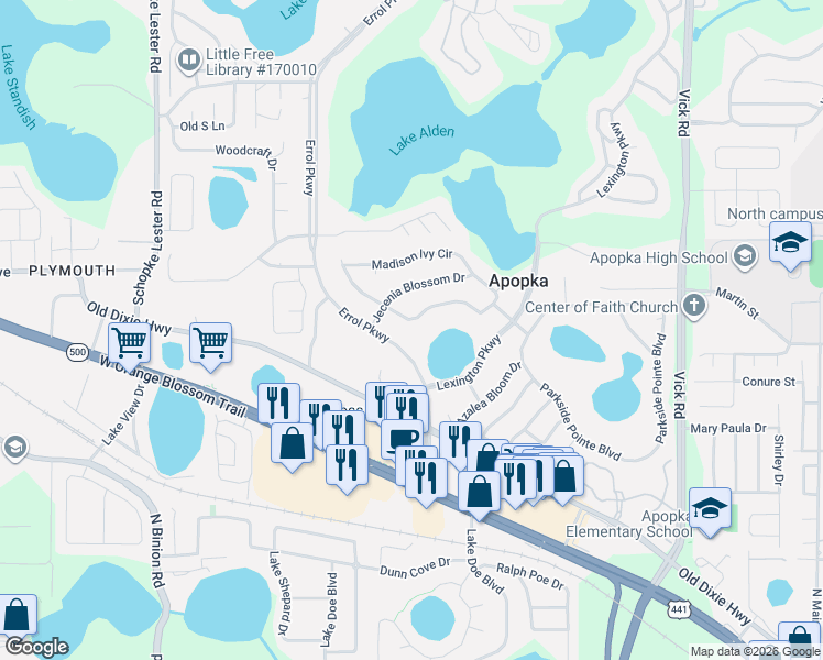 map of restaurants, bars, coffee shops, grocery stores, and more near 1426 Madison Ivy Circle in Apopka