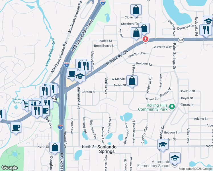 map of restaurants, bars, coffee shops, grocery stores, and more near 1511 Noble Street in Longwood
