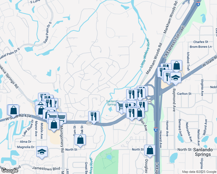 map of restaurants, bars, coffee shops, grocery stores, and more near 225 Tomoka Trail in Longwood