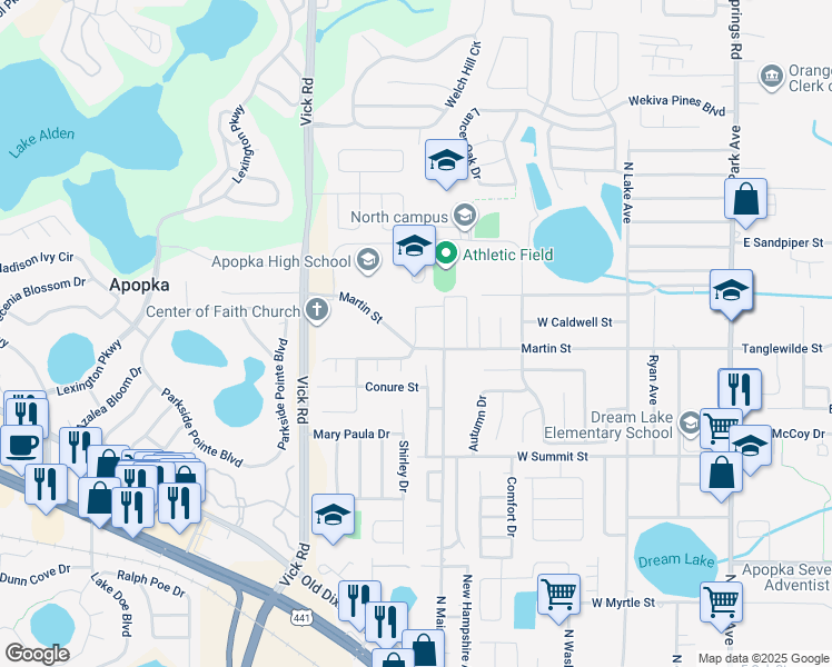 map of restaurants, bars, coffee shops, grocery stores, and more near 555 Martin Street in Apopka