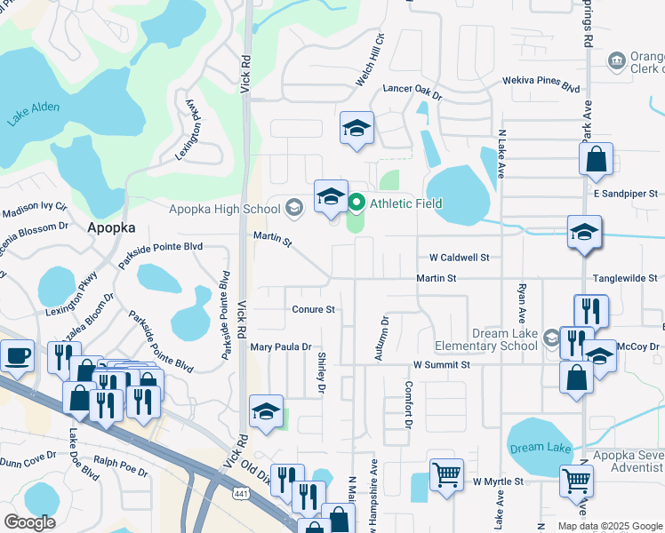 map of restaurants, bars, coffee shops, grocery stores, and more near 555 W Martin St in Apopka