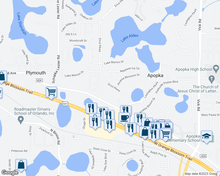 map of restaurants, bars, coffee shops, grocery stores, and more near 574 Errol Parkway in Apopka