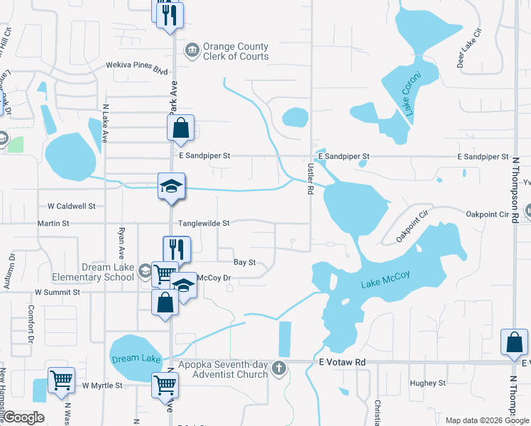 map of restaurants, bars, coffee shops, grocery stores, and more near 327 Tanglewilde Street in Apopka