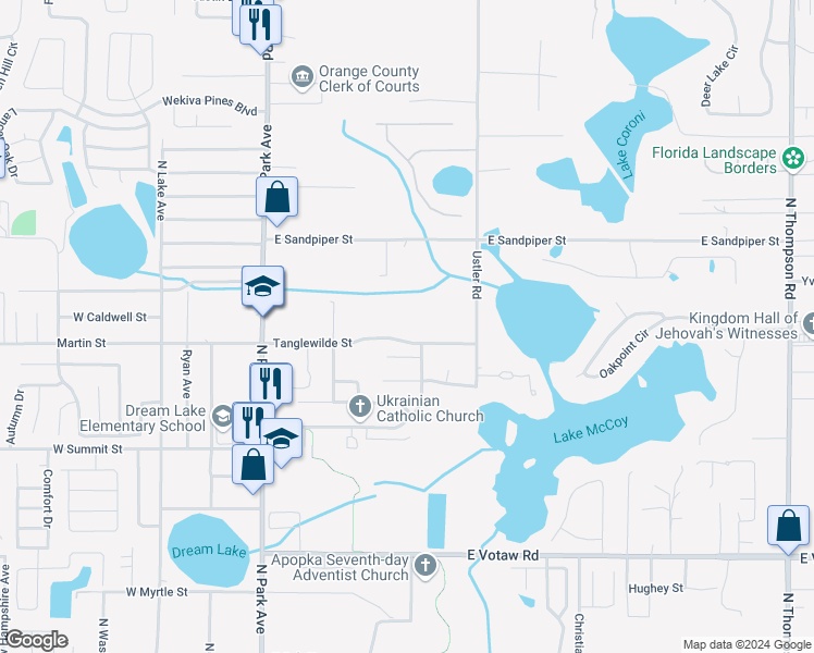 map of restaurants, bars, coffee shops, grocery stores, and more near 327 Tanglewilde Street in Apopka