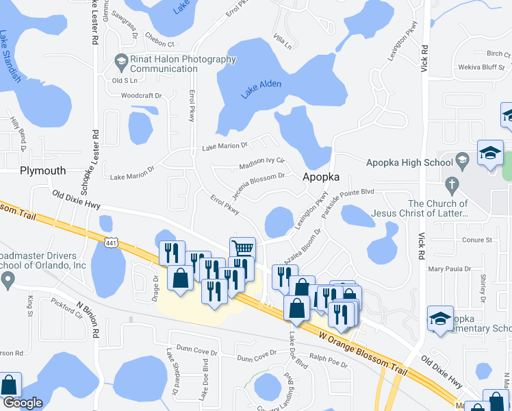 map of restaurants, bars, coffee shops, grocery stores, and more near 1402 Madison Ivy Circle in Apopka