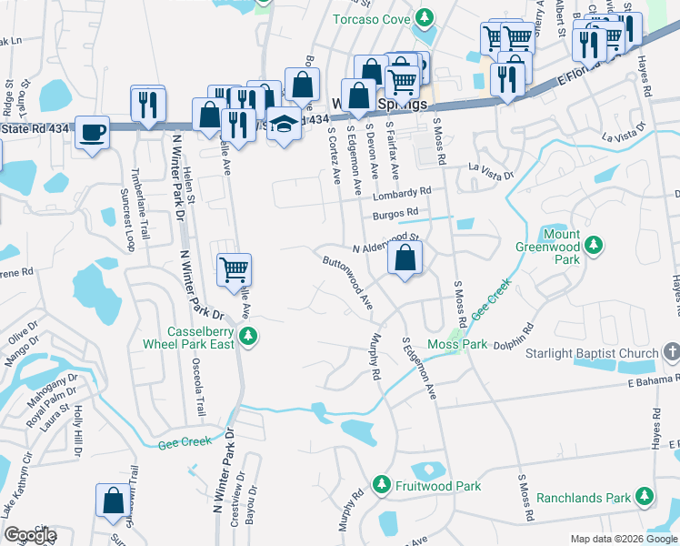 map of restaurants, bars, coffee shops, grocery stores, and more near 239 Buttonwood Avenue in Winter Springs