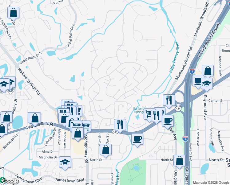 map of restaurants, bars, coffee shops, grocery stores, and more near 108 Woodmill Road in Longwood
