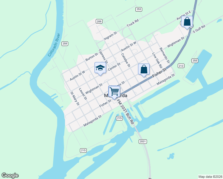 map of restaurants, bars, coffee shops, grocery stores, and more near 817 Lewis Street in Matagorda