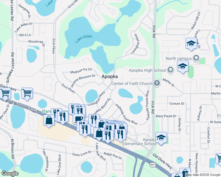 map of restaurants, bars, coffee shops, grocery stores, and more near 601 Lexington Parkway in Apopka