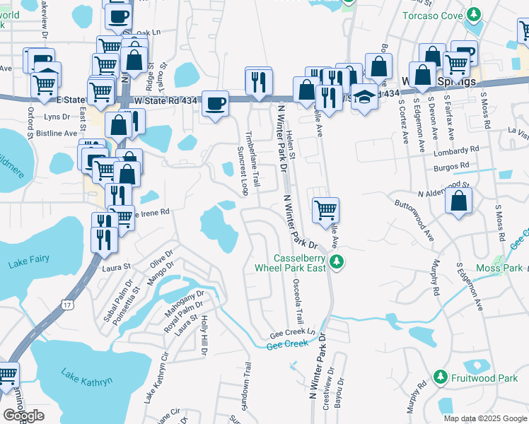 map of restaurants, bars, coffee shops, grocery stores, and more near 200 Lazy Circle in Casselberry