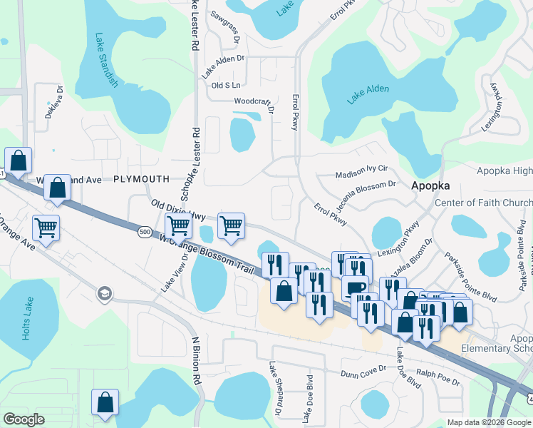 map of restaurants, bars, coffee shops, grocery stores, and more near 744 Vía Milano in Apopka