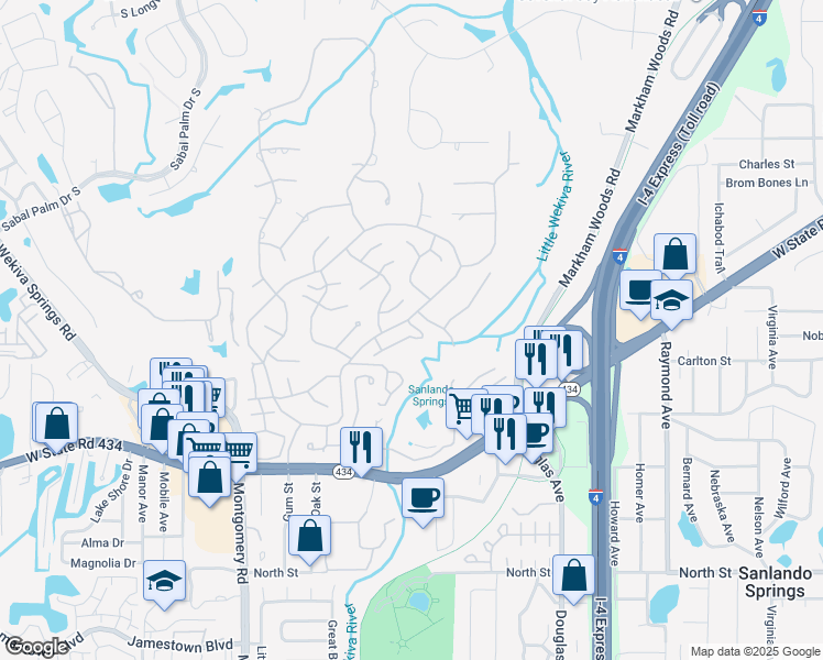 map of restaurants, bars, coffee shops, grocery stores, and more near 223 Tomoka Trail in Longwood