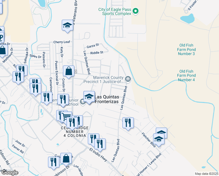 map of restaurants, bars, coffee shops, grocery stores, and more near 1565 Mark Anthony Drive in Eagle Pass