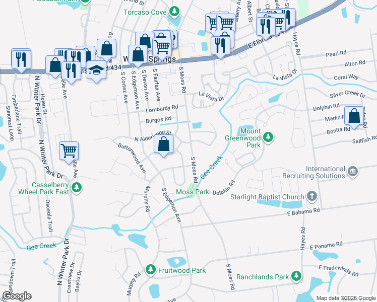 map of restaurants, bars, coffee shops, grocery stores, and more near 204 South Moss Road in Winter Springs