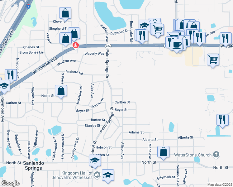 map of restaurants, bars, coffee shops, grocery stores, and more near 1520 Nobel Street in Longwood