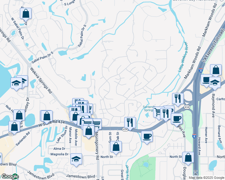 map of restaurants, bars, coffee shops, grocery stores, and more near 105 Primrose Drive in Longwood