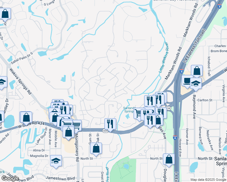 map of restaurants, bars, coffee shops, grocery stores, and more near 131 Red Cedar Dr in Longwood