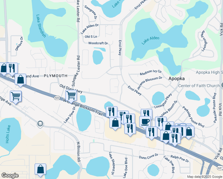 map of restaurants, bars, coffee shops, grocery stores, and more near 744 Vía Milano in Apopka