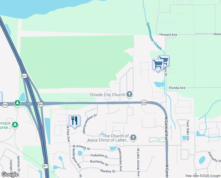 map of restaurants, bars, coffee shops, grocery stores, and more near 572 Pinebranch Circle in Winter Springs
