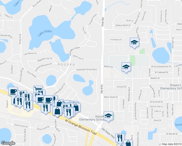 map of restaurants, bars, coffee shops, grocery stores, and more near 645 Hiawatha Overlook Drive in Apopka