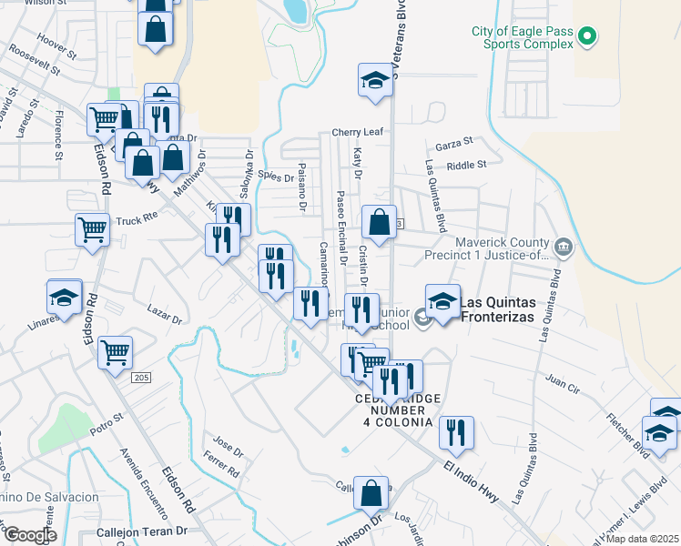 map of restaurants, bars, coffee shops, grocery stores, and more near 1616 Paseo Encinal Drive in Eagle Pass