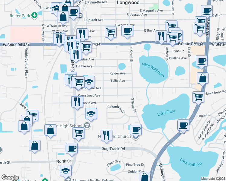 map of restaurants, bars, coffee shops, grocery stores, and more near 302 East Wildmere Avenue in Longwood