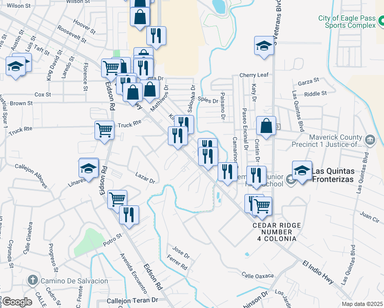 map of restaurants, bars, coffee shops, grocery stores, and more near 2453 El Indio Highway in Eagle Pass